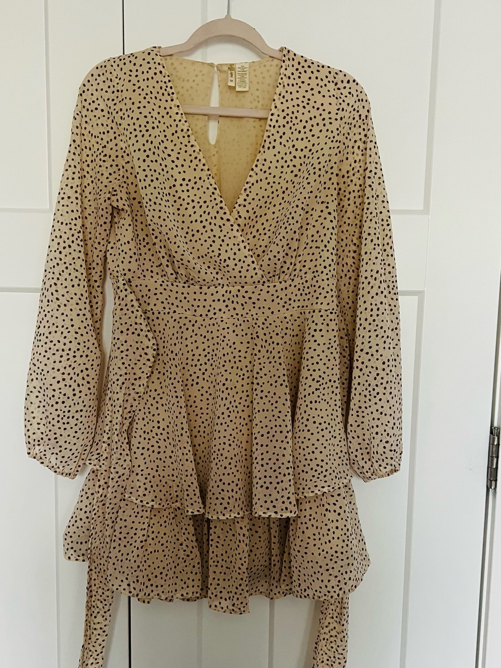 Japna Beige and Black Polka Dot V-Neck Tiered Dress
